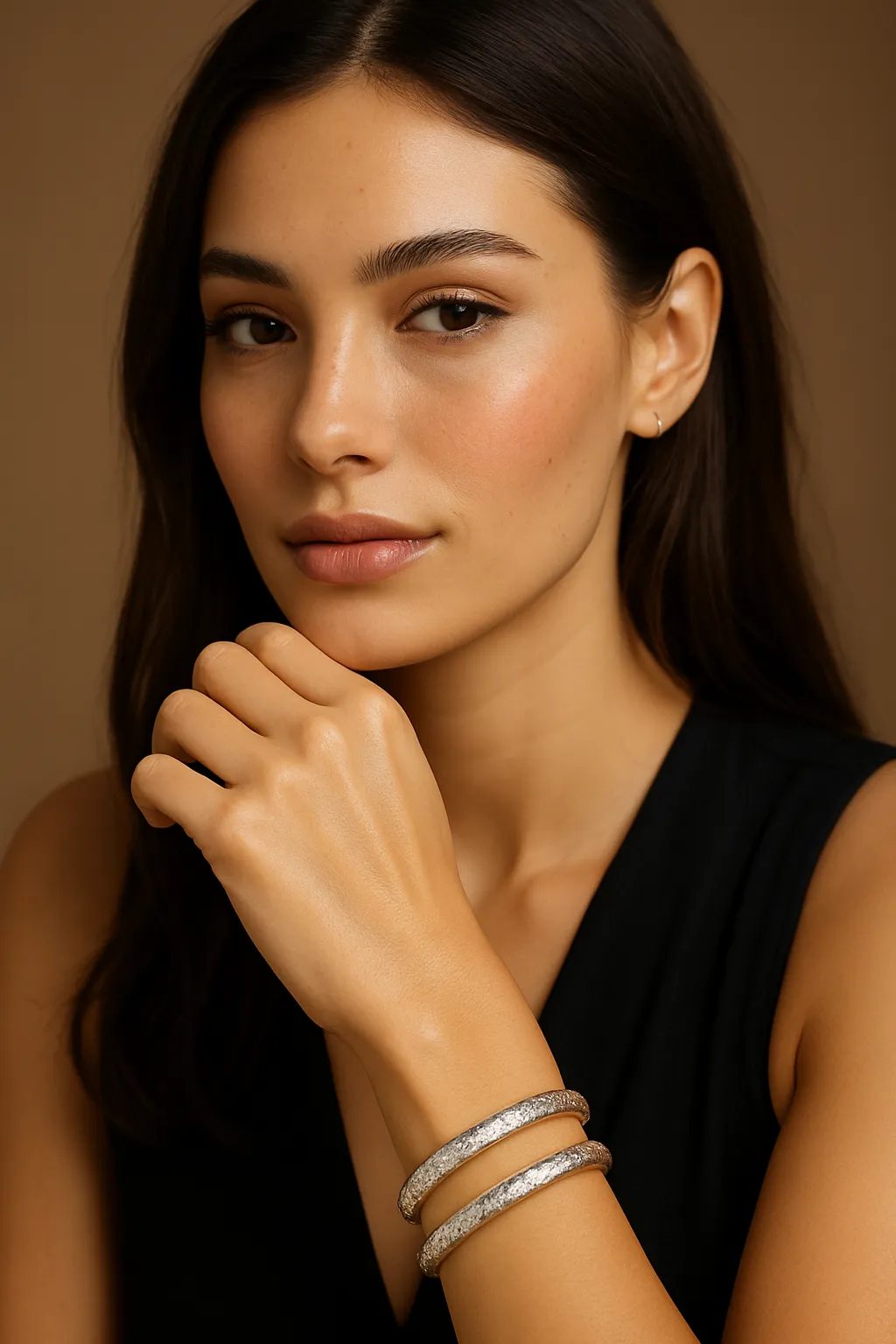 Eine Frau mit Silber Armbänder